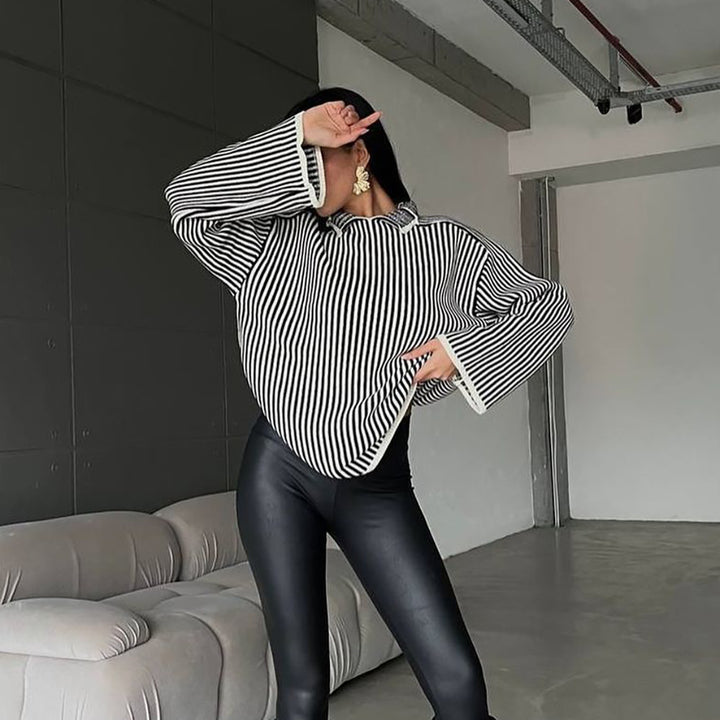 Damen Strickpullover mit lässigem Stehkragen und eleganten Streifen Drune