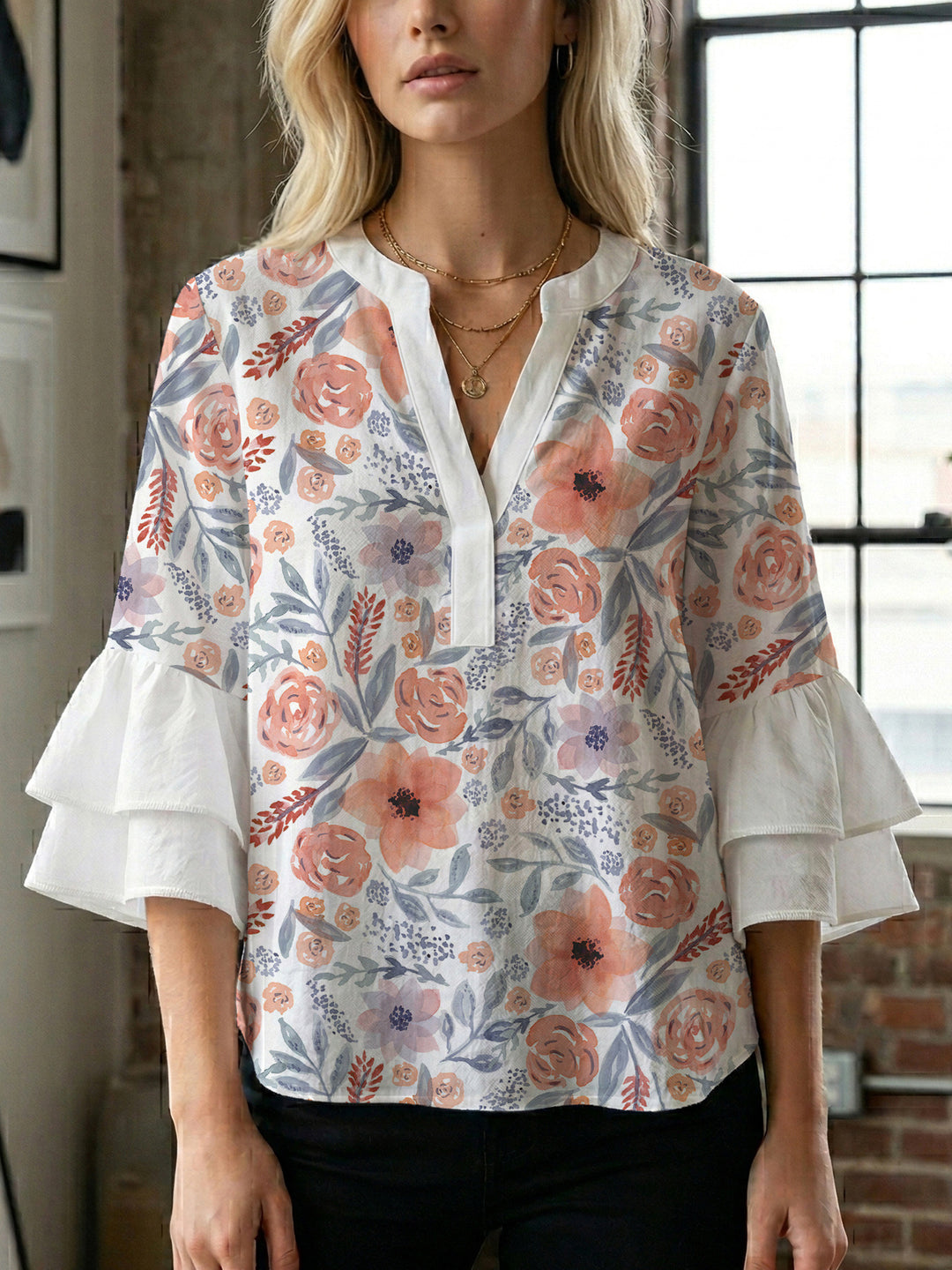 Damen Bluse mit voluminösen Ärmeln und floralem Design Drune