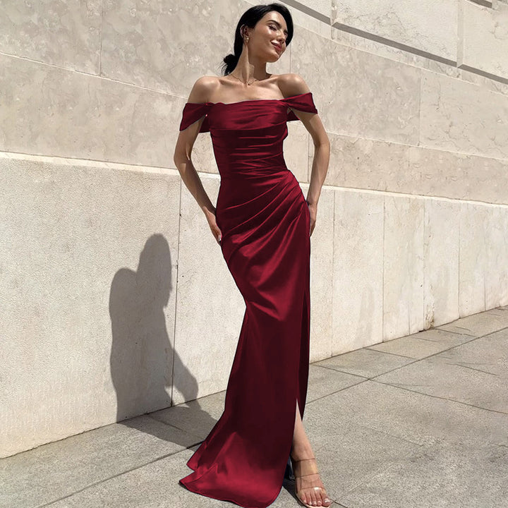 Damen Elegantes Maxikleid mit Off-Shoulder Schnitt und Raffungen Drune