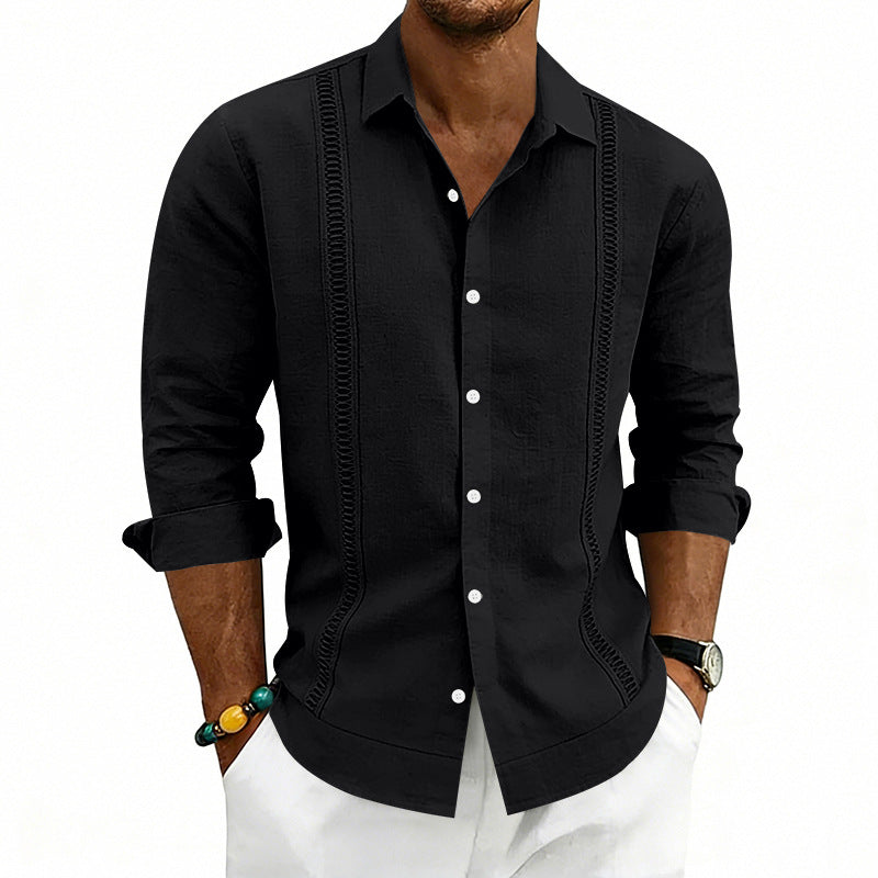 Herren nan lässiges Leinenhemd mit Kentkragen, dekorativen Längssteppungen und relaxed Fit Drune