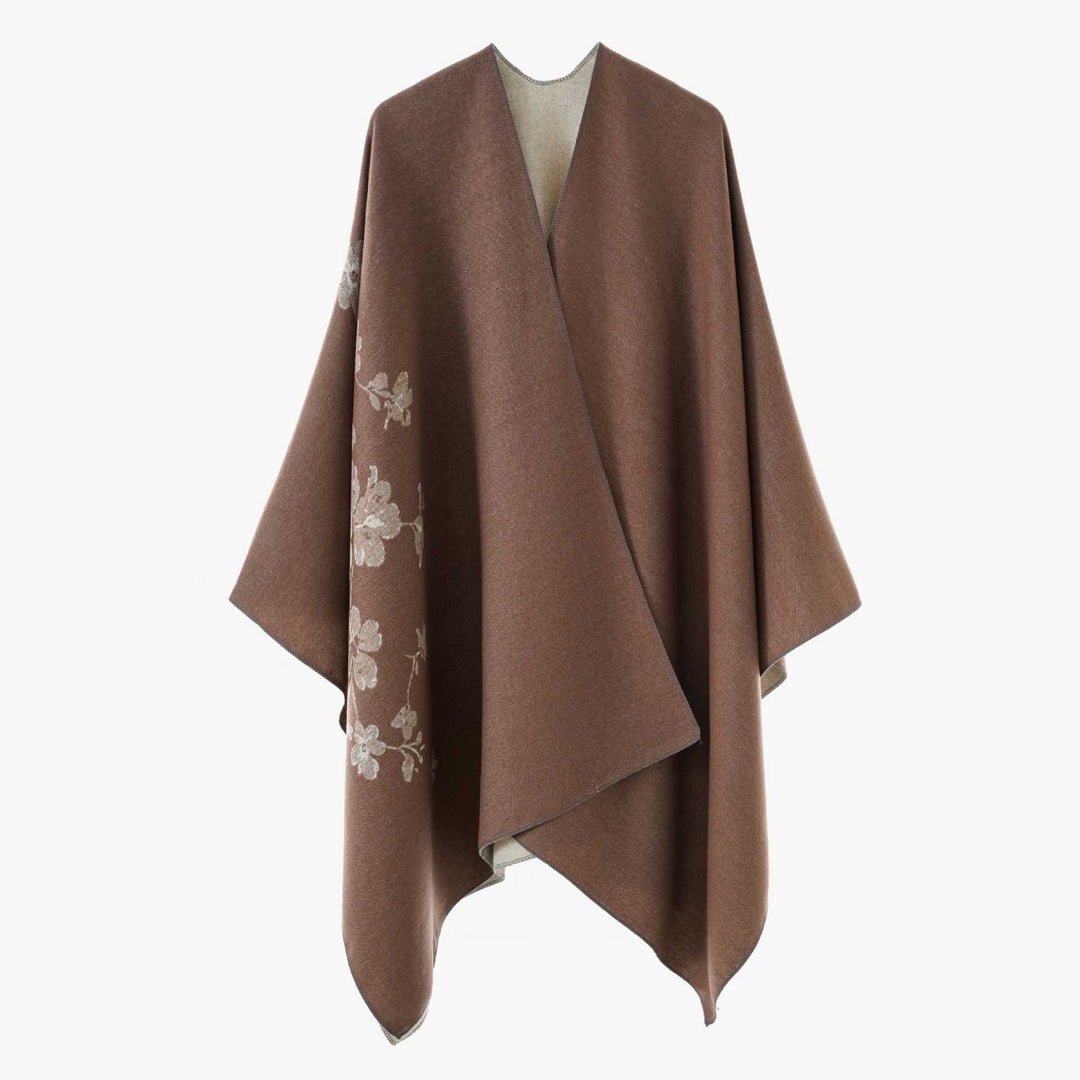 Damen Offener Reversibler Wollmix‑Cape mit floralem Jacquard Drune