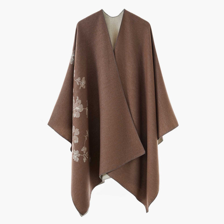 Damen Offener Reversibler Wollmix‑Cape mit floralem Jacquard Drune