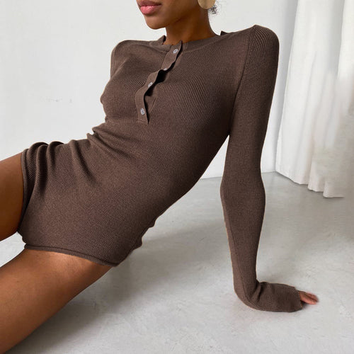 Damen Langarm Bodysuit mit Knopfdetail und strukturiertem Material Drune