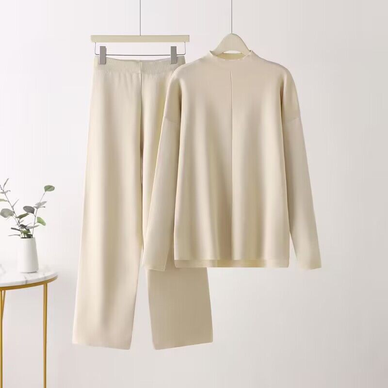 Damen elegantes Set aus langärmligem Oberteil und Palazzo-Hosen Drune