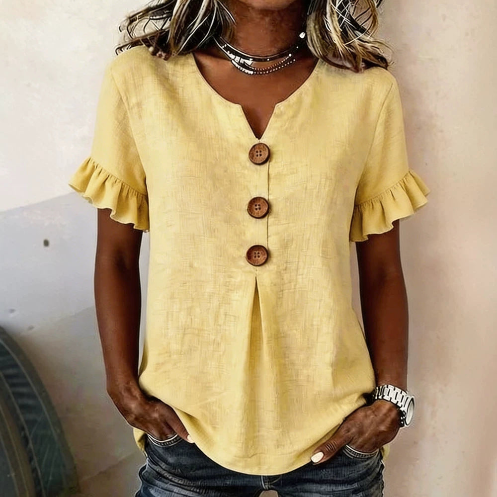 Damen Bluse mit Rüschendetails und Holzknöpfen Drune