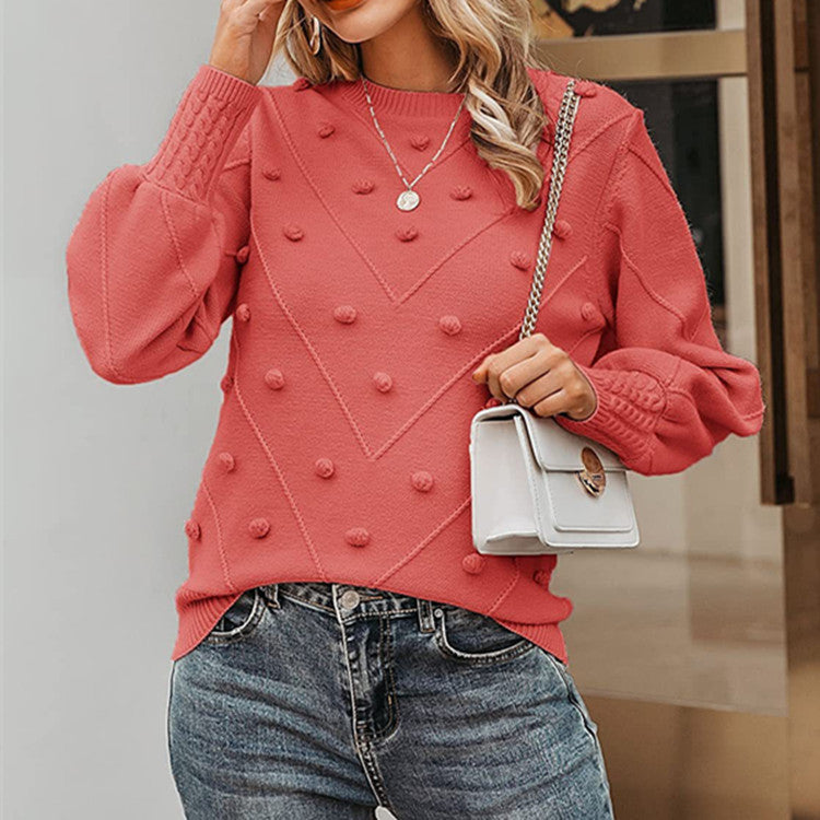 Damen nan gerippter Bobble-Pullover mit Ballonärmeln und Rundhalsausschnitt Drune