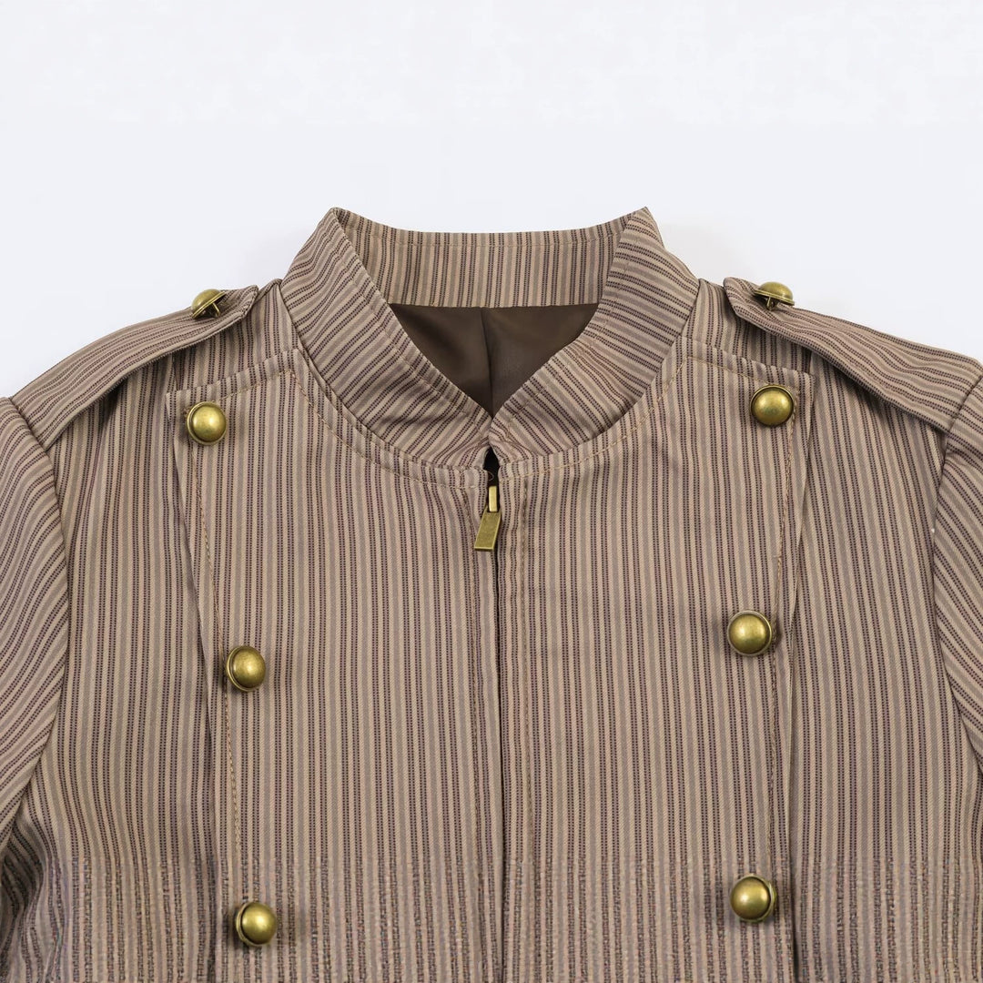 Damen Kurzgeschnittene militärinspirierte Jacke mit Stehkragen und doppelter Zierknopfreihe Drune