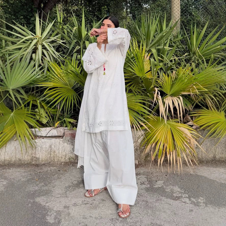 Damen Lockertes Tunika-Set mit Broderie Anglaise und weiten Pluderhosen Drune