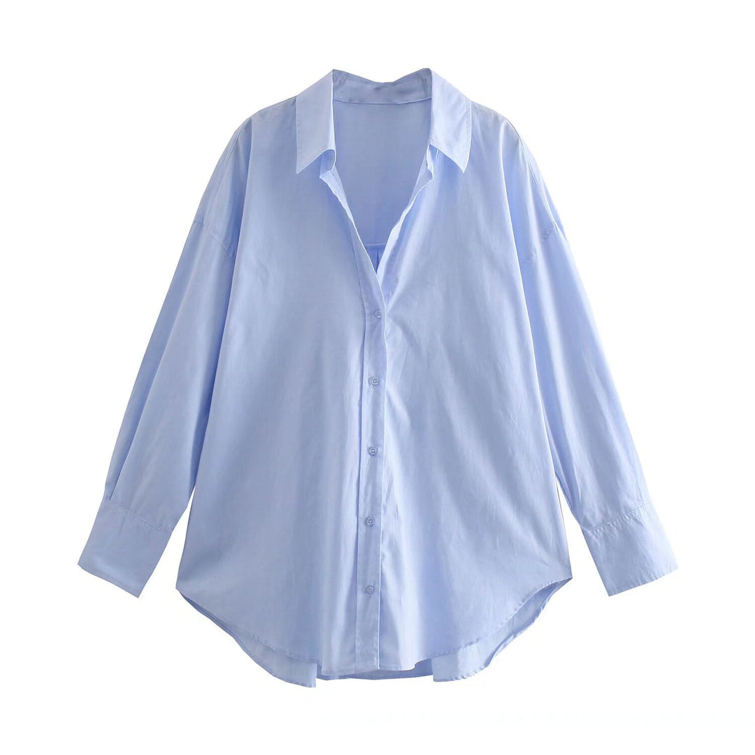 Damen nan oversized Longbluse mit Kentkragen, durchgehender Knopfleiste und abgerundetem Saum Drune