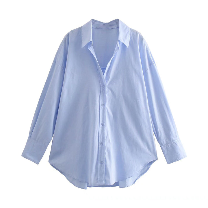 Damen nan oversized Longbluse mit Kentkragen, durchgehender Knopfleiste und abgerundetem Saum Drune