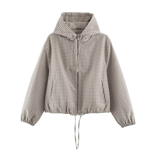 Damen Kurzer Karierter Kapuzenblouson mit Tunnelzug, Reißverschluss und elastischen Bündchen Drune