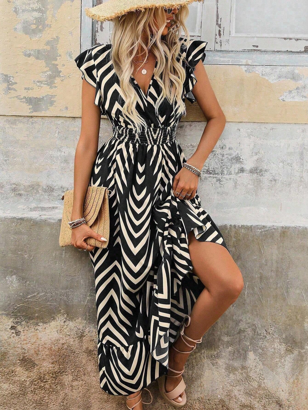 Damen Maxikleid mit V-Ausschnitt und Rüschendetails Drune
