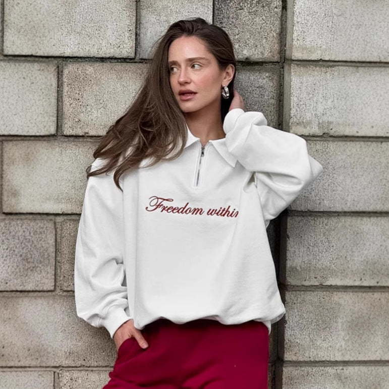 Damen Oversized Fleece-Hemd mit Reißverschluss und elegantem Schriftzug Drune