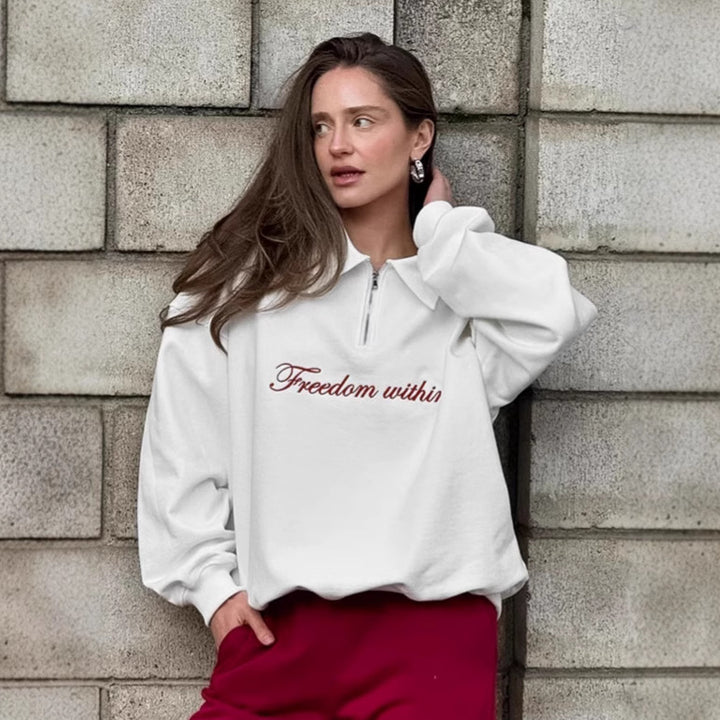 Damen Oversized Fleece-Hemd mit Reißverschluss und elegantem Schriftzug Drune