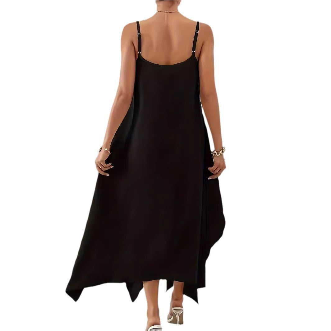 Damen luftiges Maxikleid mit asymmetrischem Saum und feinen Spaghettiträgern Drune