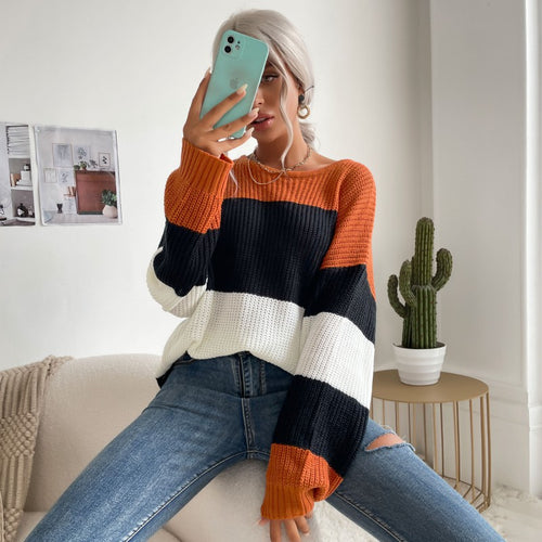 Damen Oversize Strickpullover mit schrägem Carmen-Ausschnitt und breiten Farbblöcken Drune