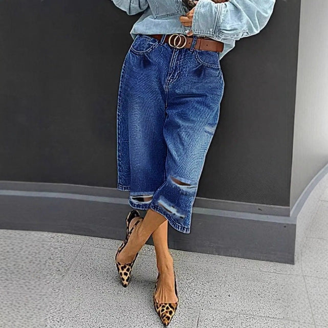 Damen Hochtaillierte Denim-Culotte mit Destroyed-Einsätzen und rohem Saum Drune