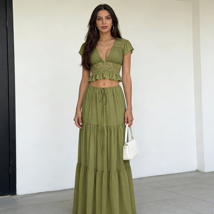 Damen Lässiges Maxi-Kleid mit eleganter Raffung und cropped Top Drune