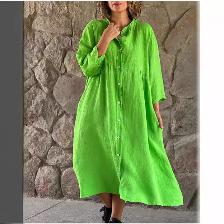 Damen Locker Midi Kleid aus Leinenmischung mit durchgehendem Knopfleiste und Seitentaschen Drune