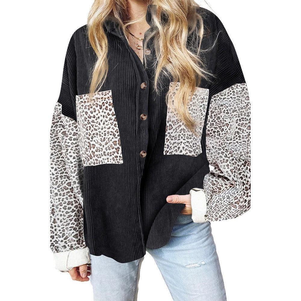 Damen Oversize-Cordhemd mit durchgehender Knopfleiste, Leo-Kontrastärmeln und aufgesetzten Taschen Drune