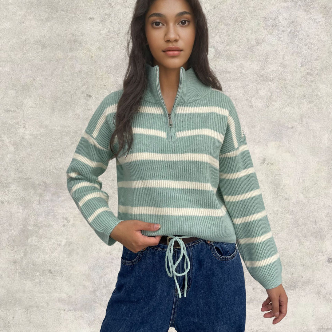 Damen Strickpullover mit Stehkragen und Kordelzug Drune