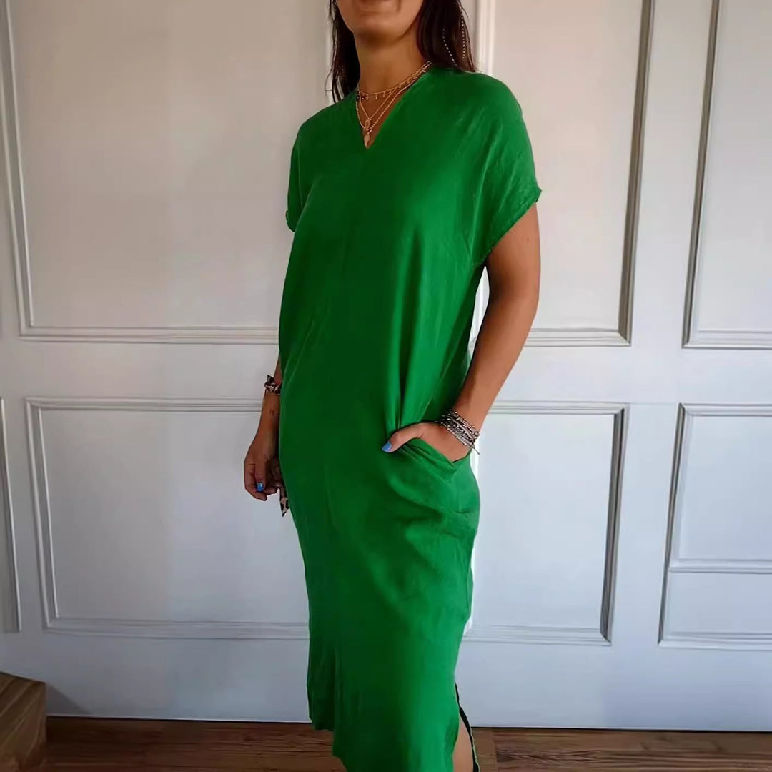 Damen Viskose-Leinen Kleid mit tiefem V-Ausschnitt und praktischen Taschen Drune