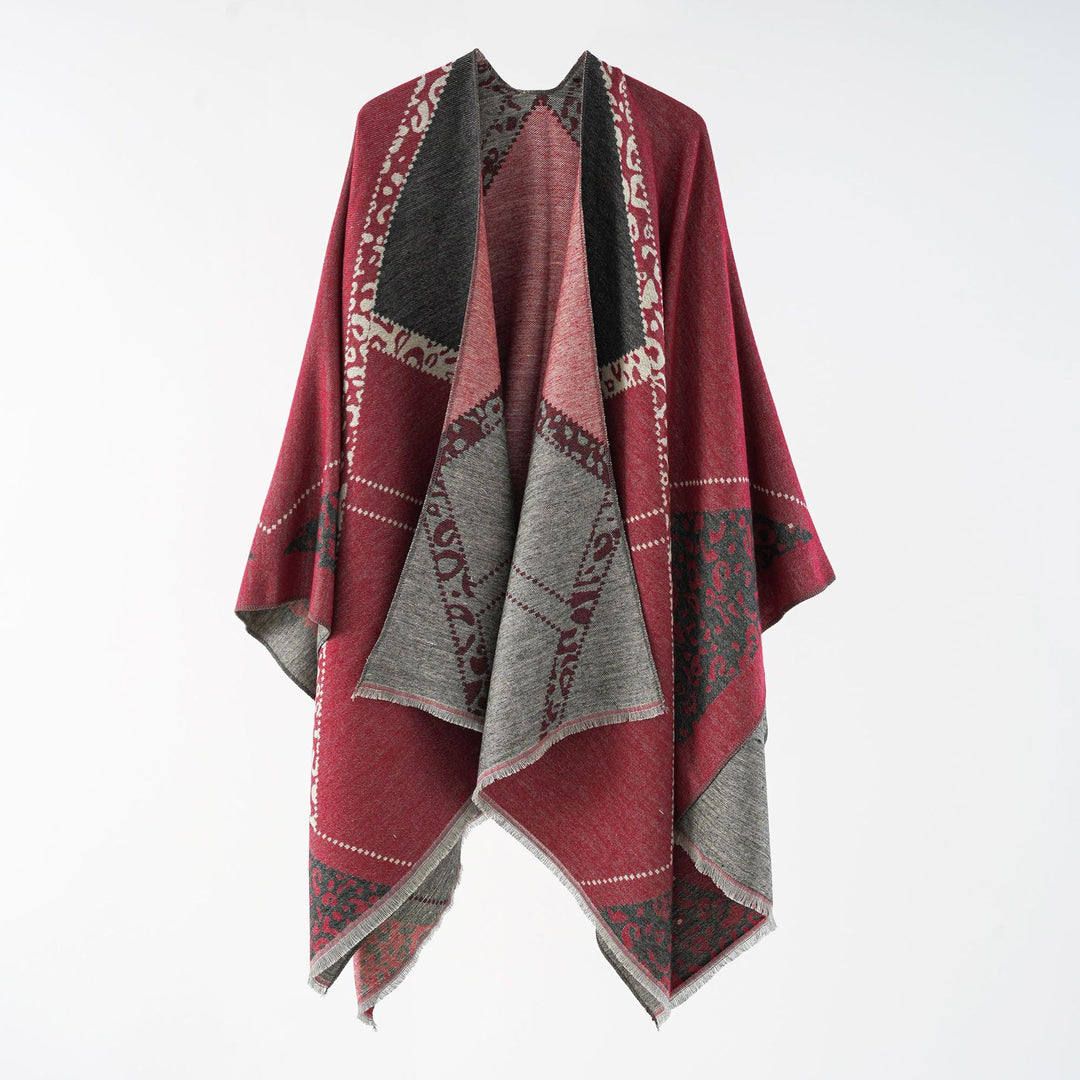 Damen Oversize Cape-Überwurf mit jacquardgewebten Patchmotiven und Fransensaum Drune