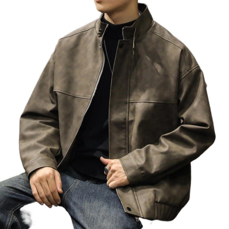 Herren Boxy Lederoptik-Blouson mit verdeckter Reißverschlussleiste, Stehkragen und elastischem Bund Drune