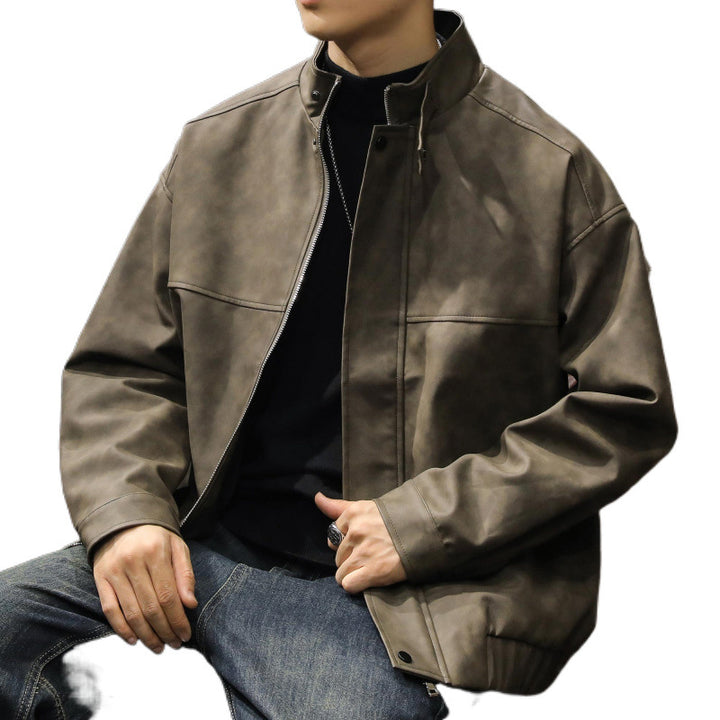 Herren Boxy Lederoptik-Blouson mit verdeckter Reißverschlussleiste, Stehkragen und elastischem Bund Drune