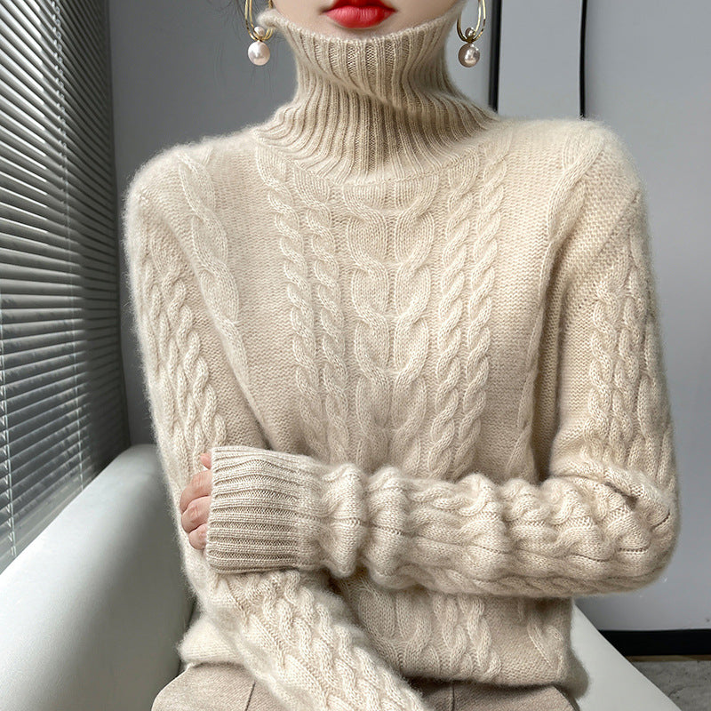 Damen hochgeschlossenes Strickpullover mit Zopfmuster und weichem Material Drune