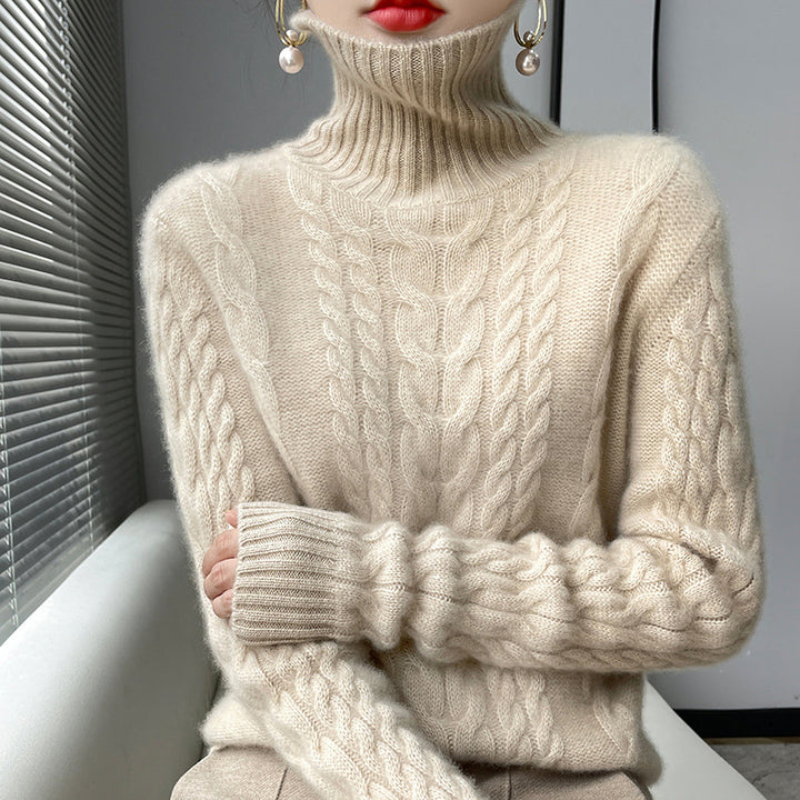 Damen hochgeschlossenes Strickpullover mit Zopfmuster und weichem Material Drune