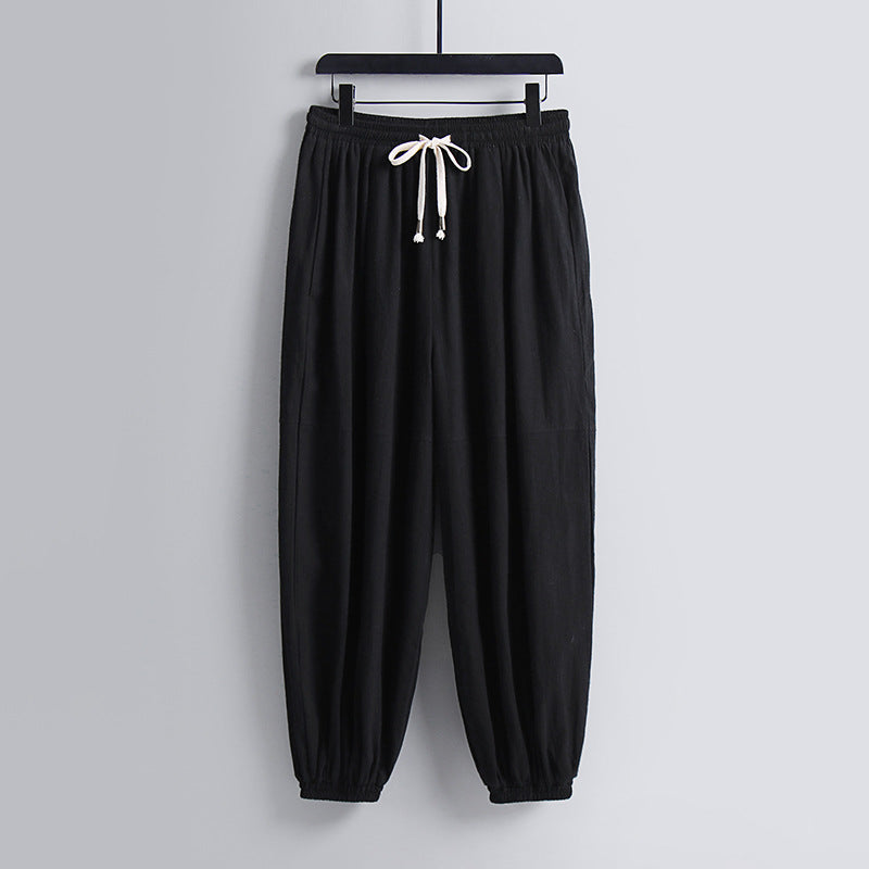 Damen weite Baumwoll-Leinen-Freizeithose mit Kordelzug und elastischen Knöchelbündchen Drune