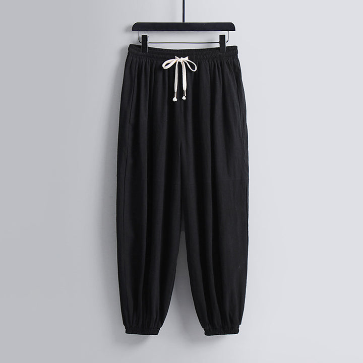 Damen weite Baumwoll-Leinen-Freizeithose mit Kordelzug und elastischen Knöchelbündchen Drune