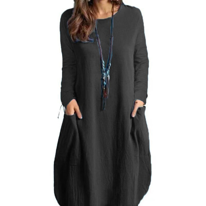 Damen Langes A‑Linien Leinenoptik Kleid mit Eingrifftaschen und Rundhalsausschnitt Drune