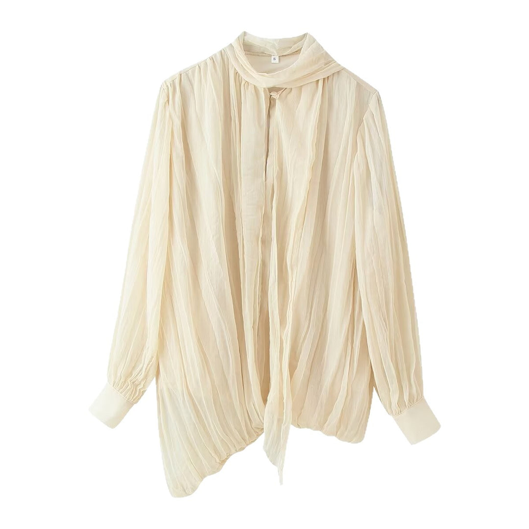 Damen Fließende Chiffon‑Plissee‑Bluse mit Schluppe und Manschetten Drune