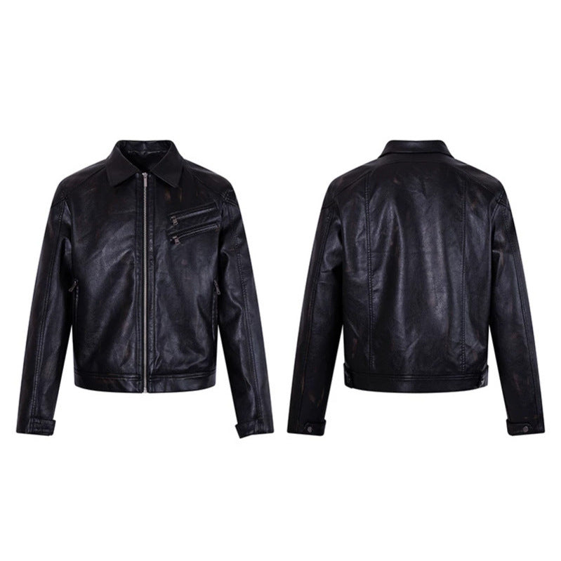 Herren Taillierte Bikerjacke aus Lederimitat mit Hemdkragen, Reißverschluss und diagonalen Brusttaschen Drune