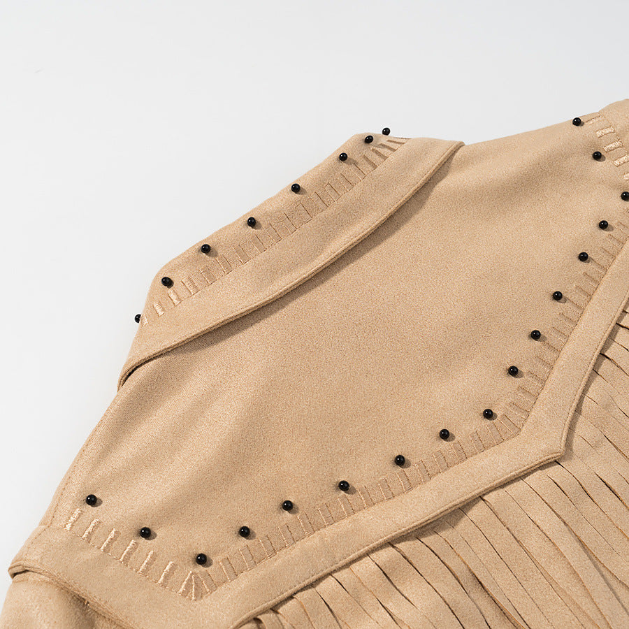 Damen Kurze Fransen-Suedejacke im Westernstil mit Nietenbesatz und Frontreißverschluss Drune