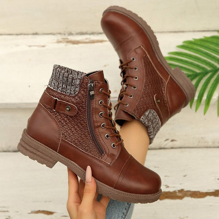 Damen nan knöchelhohe Schnürstiefelette mit Strickschaft, Seitenreißverschluss und profilierter Gummisohle Drune