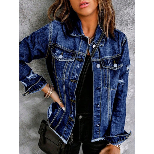 Damen Taillierte Jeansjacke mit Destroyed-Akzenten, aufgesetzten Pattentaschen und sichtbarer Steppnaht Drune