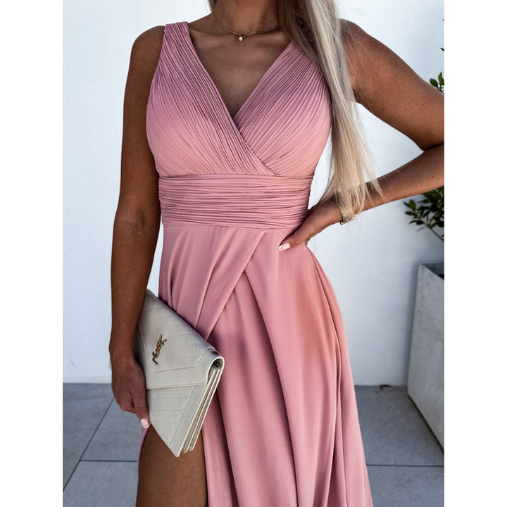 Damen Plissiertes V-Ausschnitt Abendkleid mit Hohem Schlitzdetail Drune