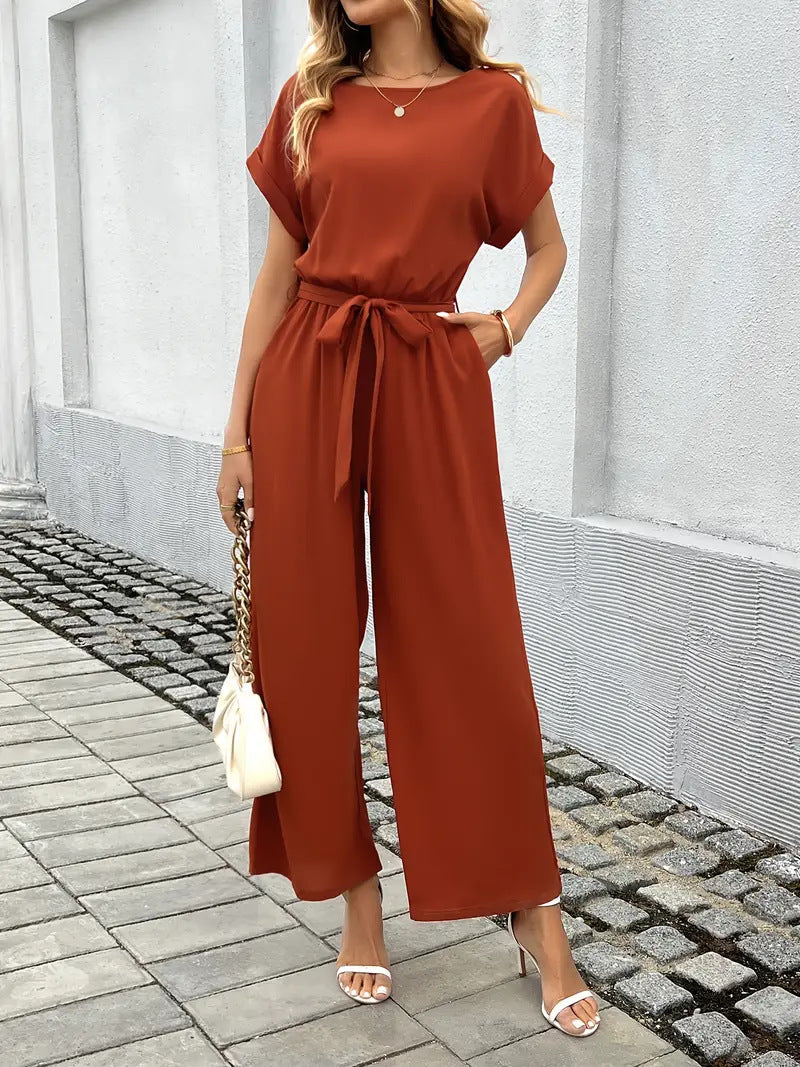 Damen Eleganter Jumpsuit mit weitem Bein und Taillenknoten Drune