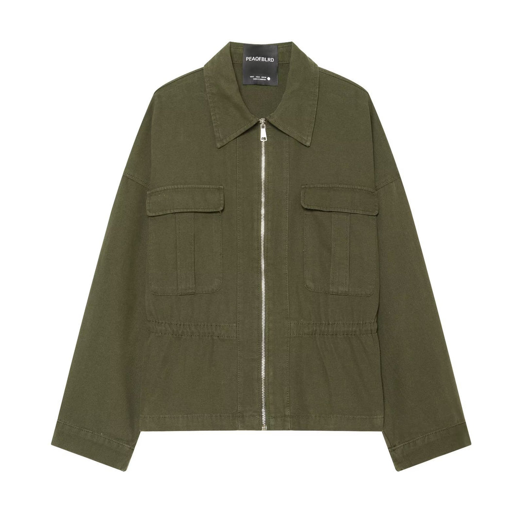 Damen Kurzer Utility‑Blouson mit Frontreißverschluss, Pattentaschen und Taillenraffung Drune