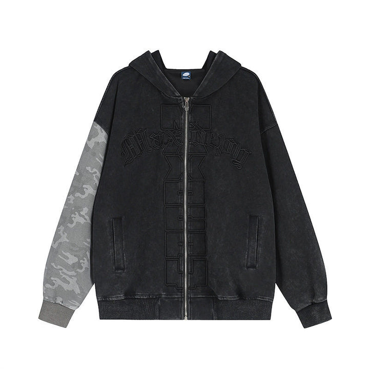 Unisex Oversize-Kapuzen-Zipjacke mit Camouflage-Ärmel, Washed‑Effekt und erhabener Frontstickerei Drune