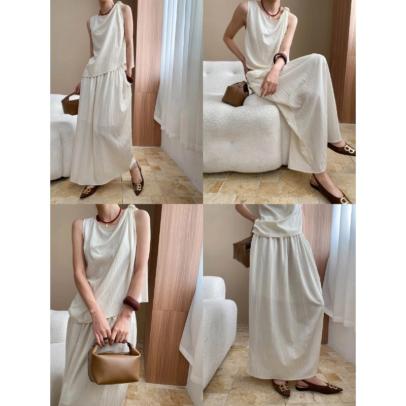 Damen elegantes Maxikleid mit asymmetrischem Saum und fließendem Stoff Drune