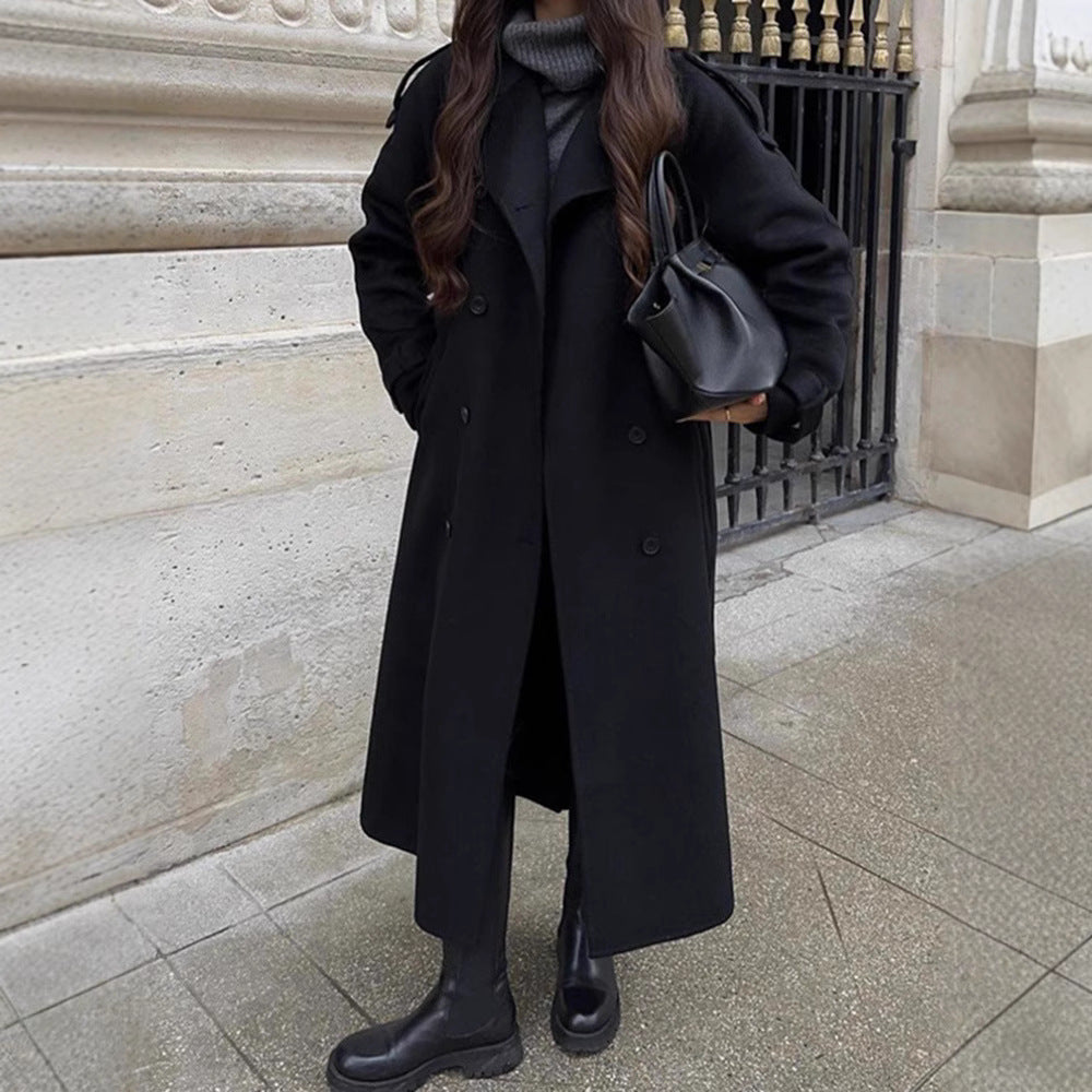 Damen Oversize Wollmantel mit breitem Reverskragen und Taillengürtel Drune