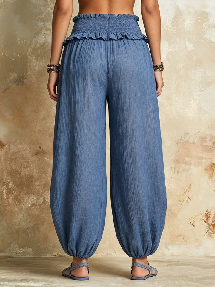Damen Weite Haremshose mit gerafftem Smock-Bund und elastischen Knöchelabschlüssen Drune