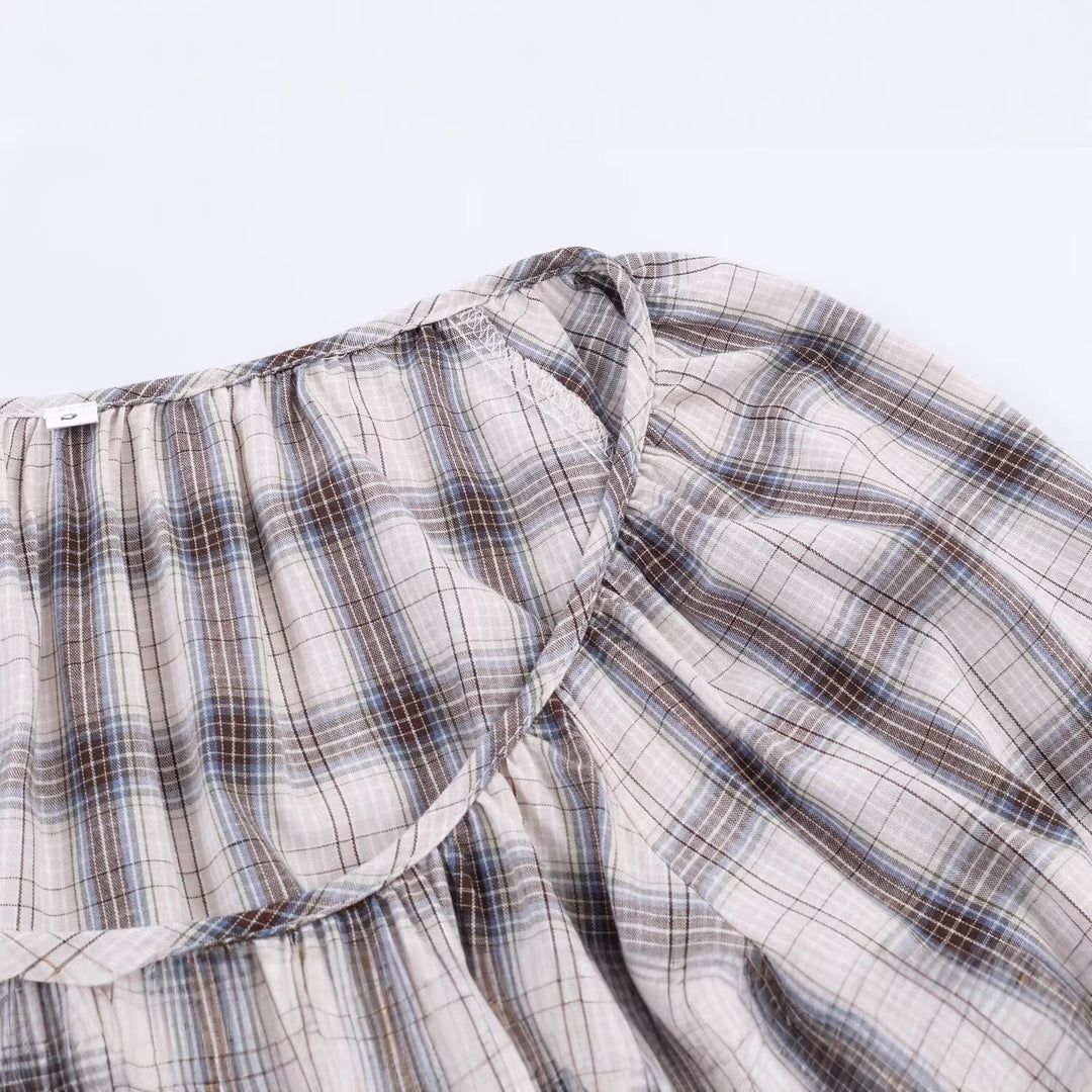 Damen Karierte Carmen‑Bluse mit weitem Ausschnitt, Ballonärmeln und elastischem Saum Drune
