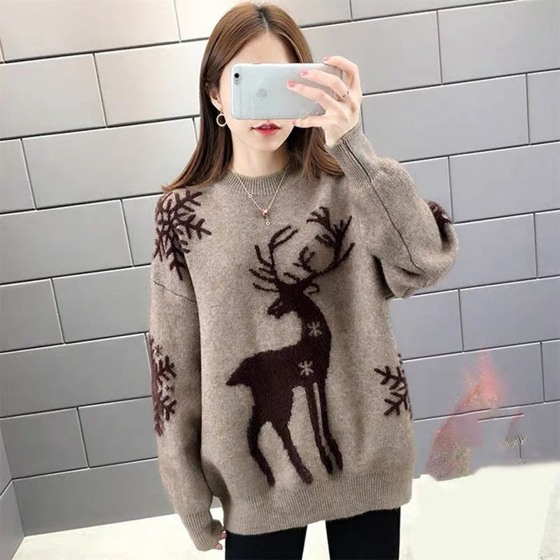Damen Gemusterter Strickpullover mit Rentier-Jacquard, Rundhalsausschnitt und geripptem Saum Drune