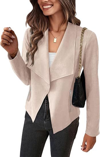 Damen Velourslederimitat-Wasserfallblazer mit asymmetrischem Saum und Reißverschlusstaschen Drune