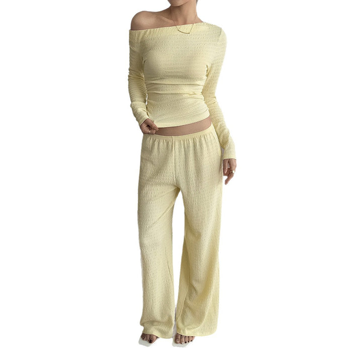 Damen nan legeres Crinkle-Lounge-Set mit Off-Shoulder Crop-Top und weiten High-Waist Palazzohose Drune